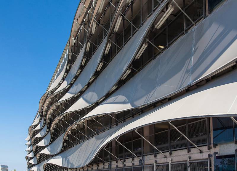 The Wave Car park, Cardiff Bay, Wales. Tensile fabric facade. Ar